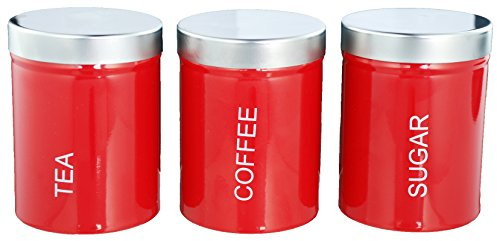 Buckingham 3-Piece Kitchen Storage Canisters Jar Ideal for Tea Coffee and Sugar, Stainless Steel, Red, 10 cm
