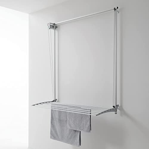 foxydry Wall, Stendibiancheria stendino da parete, stendino verticale, saliscendi in alluminio e acciaio 88x52x137 cm (Grigio, 80)