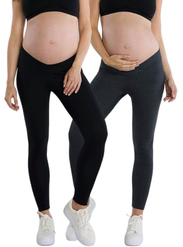 Motherhood Maternity Women's Bump Start Under Belly Full Length Pregnancy Leggings-2 Pack, Black/Grey, Small
