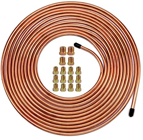 MuHize 1/4 Brake Line - Upgraded 25 Ft. Brake Line Kit(2026 New), 1/4 Flexible Copper Coated Brake Line Tube Roll(Includes 16 Inverted Flare Fittings)