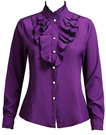 Yiluweinir Women Party Shirts Stand-Up Collar Vintage Victoria Shirts Ruffle Formal Office Blouse Working Tops M Purple
