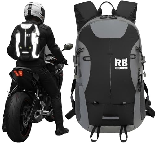 Riderbag Zaino riflettente per motociclisti, zaino leggero per laptop per motociclisti. Zaino da viaggio. Sicurezza per biciclette al buio. Con protettore dorsale opzionale, Nero , 35L