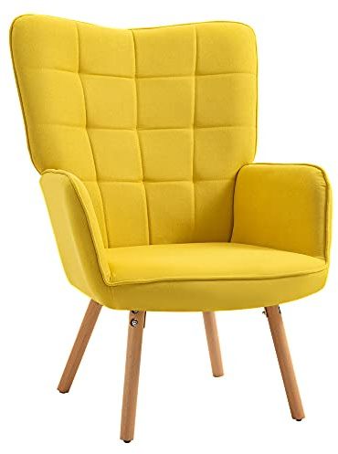 HOMCOM Modern Accent Chair, Upholstered High Back Armchair with Tufted Wingback, Seat Padding, Velvet Leisure Lounge Bedroom Chair with Wood Legs, Yellow