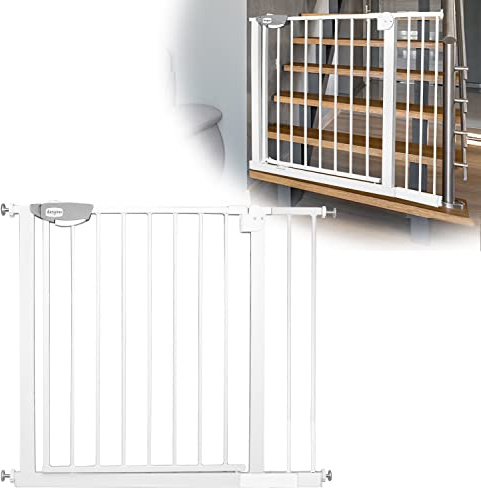 TRMLBE Puerta de Seguridad para Escaleras, Puerta Sin Perforaciones, Puerta para Escaleras, Rejilla de Metal para 85-95cm de Ancho para Niños, Perros, Mascotas, Blanco