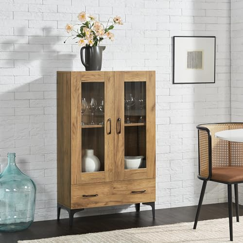 [en.casa] Vitrinenschrank Søndersø Vitrine mit Schublade und 2 Glastüren Mehrzweckschrank 70 x 31 x 115 cm Buffetschrank für Wohnzimmer Eichenoptik