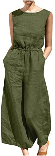 EMATOP Playsuit Damen Sommer Casual Jumpsuit Baumwolle Leinen Latzhose Loose Fit Elegant Overall Ärmellos Hosenanzug Lange Weites Bein Hosen mit Taschen Strampler Leicht Einfarbig Arbeitshose