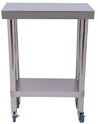 OUKANING Carro de servir de acero inoxidable de 2 niveles, mesa de trabajo de cocina de acero inoxidable con ruedas, mesa de acero inoxidable, gastronomía doméstica/comercial, capacidad de carga 300