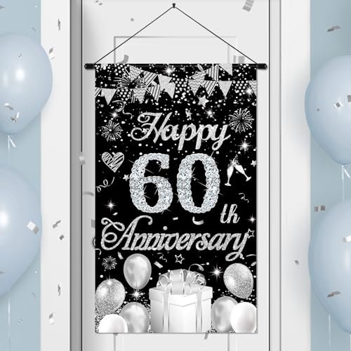 60th Anniversary Decorations Small Banner Black Silver Happy 60th Anniversary Door Hanging Banner Porch Front Door Decor for Women Men 60 Years Diamond Wedding Anniversaries Cruise Door Sign Supplies