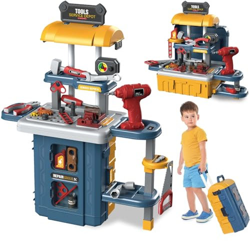 FORMIZON Werkzeugkoffer Kinder Werkzeug, 46 Stück Kinder Werkbank Set, Werkzeug Spielzeug Set mit Spielzeug Bohrmaschine, Kinder Rollenspiel Bank Lernspiel Geschenk für Kinder