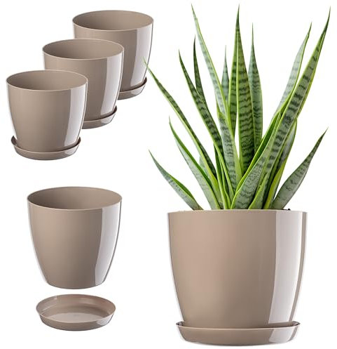 KADAX Vaso da fiori con sottovaso, vaso rotondo in plastica, per interni, vaso per fiori e piante da interno, vaso per erbe aromatiche (set da 3: 18 cm, beige)