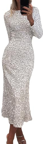 BIUBIULOVE Abito Lungo Aderente con Scollo Rotondo Scintillante da Donna, Abito con Paillettes A Maniche Lunghe per Donna, Abito Casual da Cocktail per Feste (L,Argento)