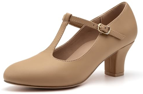 Stelle 2.5 Character Shoes for Women T-Strap Dance Heels for Ballroom Salsa Tango Wedding Flamenco Latin (2.5 Tan,6MW)