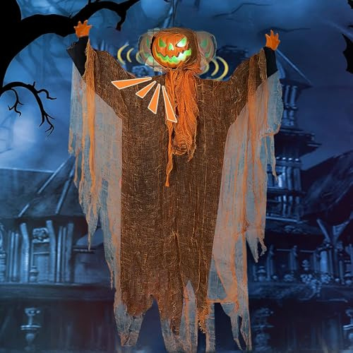 Decorazione Spaventapasseri Spettrale,Decorazione Dello Spaventapasseri Spettrale di Halloween,Fantasma di Zucca,Testa di Zucca Rotante Luminosa