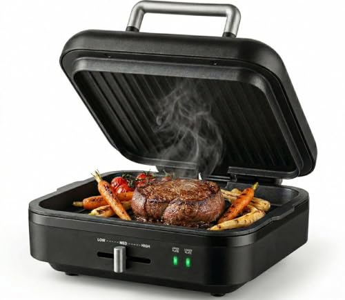 Gadgy 1400W Barbacoa de Contacto 2 en 1 – Base Extraíble – Temperatura Ajustable – Asado Simple y Doble Cara – Antiadherente – Negro Mate/Plata