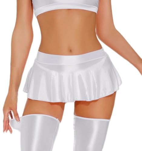 RuiChy Minifalda Brillante para Mujer‌ Falda Plisada Transparente Sexy Mini Falda Corta A-Line Elástica con Brillo Estilo Y2K para Fiestas Rave Discoteca y Baile, Blanco/XL