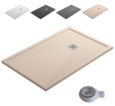 Plato de Ducha de Resina con Borde Extraplano Antideslizante Valvula y Rejilla | Textura Piedra | Beige | 70 X 90 cm