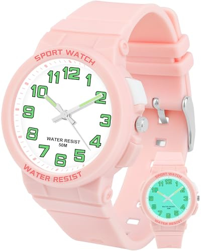 Juboos Orologi per Bambini, Orologio Analogico al Quarzo per Ragazzi e Ragazze, Impermeabili per Insegnare il Tempo, Cinturino Morbido da Polso (Rosa)