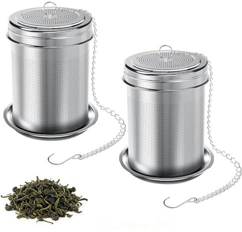 2-Pack Extra Fine Mesh Tea Infuser, 18/8 Stainless Steel Tea Strainer with Chain Hook and Lid, Large Loose Leaf Tea Steeper for Herbal Tea, Spices & Brewing