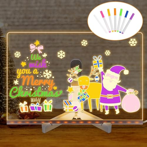 LED Drawing Board for Children, LED Note Board with 7 Colors Pen, Light Up Illuminated Message Board, Reusable Dry Erase Doodle Pad for Home, School, Office, Café & Christmas Gifts (30 * 20cm)