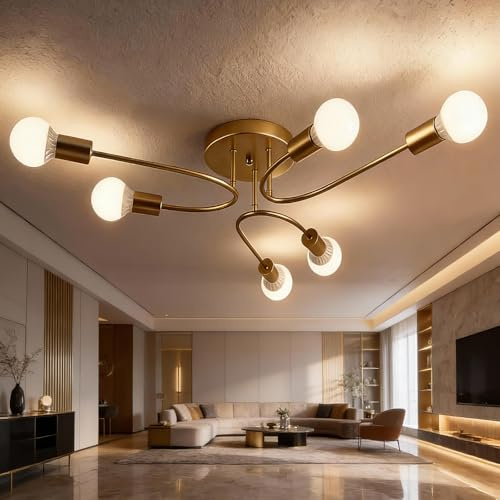 niuniaj Lámparas de Techo Retro,6 Luces Lampara techo colgante,Plafon Sputnik E27,Plafon Techo Dorada para Dormitorio,Salon de Estar,Cocina,Comedor,Ø70CM(Sin Bombilla)