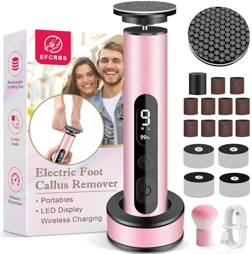 EFCRBS Electric Foot Callus Remover with LED Battery Level & 9-Speed Control Display. Callus Remover for Feet with Wireless Charger, Multi-sandpape (70 Sheets) & Nano Glass Head for Dead Skin (Pink)