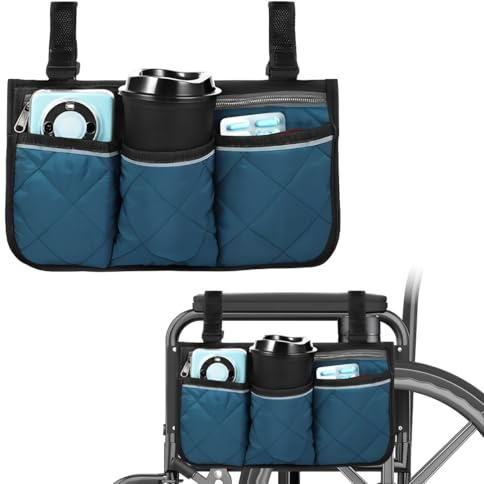 LAKPYN Bolsa Lateral para Silla de Ruedas con Bolsillos Bolsa de Accesorios para Sillas de Ruedas con Portavasos y Tira Reflectante para la Mayoría de Sillas, Andadores