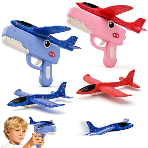 LTFIOON 4 Pezzi Aereo Polistirolo con 2 Pistole Catapulta, Aeroplano Giocattolo Aliante in Schiuma – 2 in 1 (Catapulta & Lancio a mano), Regalo di Compleanno per Bambini e Bambine da 3 anni