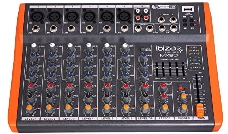 Ibiza - MX801 - Mezclador semiprofesional completo de 6 canales (ecualizador de 5 bandas) con entradas MONO, de micrófono y de línea y salidas REC, RCA, de auriculares y AUX - USB - Negro y naranja