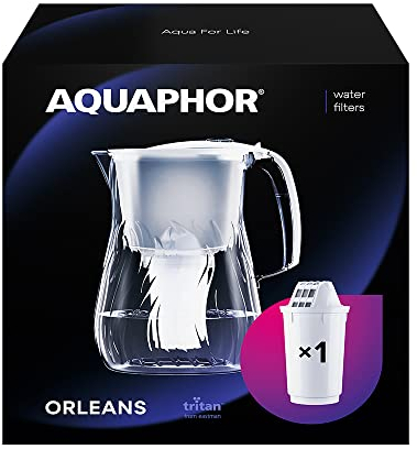 AQUAPHOR Orleans Water Filter Jug 4.2L, for reduction of limescale, Chlorine and other impurities, 1x A5 350 litre Added Magnesium Cartridge - Premium Water Filter jug in Glass effect - White