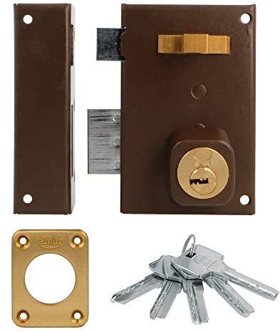 Amig - Cerradura de Sobreponer de Izquierda con Palanca de Cierre - Lengüeta y Tirador para Puertas de Madera - Mod. 75, 72 x 112 mm - Cilindro Redondo de Seguridad - Acero - Marrón