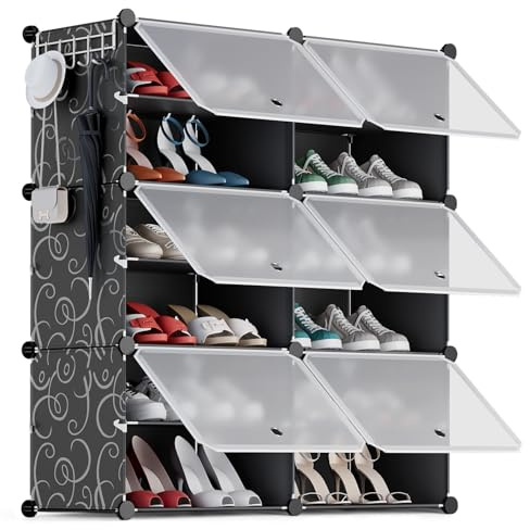YIHATA Zapatero, 12 Compartimentos (2 x 6) para 24 Pares, Armario Paneles de Plástico, para Dormitorio Sala de Estar, Recibidores, Negro, Modular, Estantería, 30 x 40 x 30 cm Cada Cubo