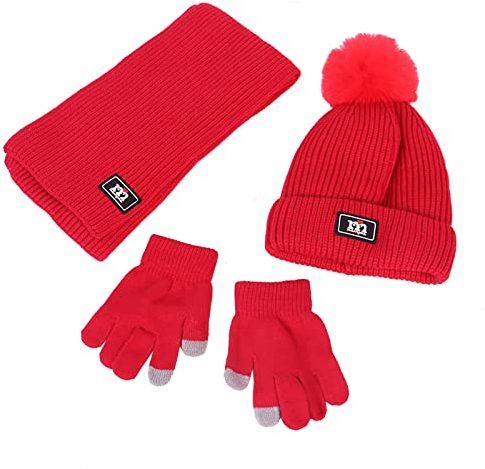 NautySaurs Jungen Mädchen Mütze Schal und Handschuhe Set Winter Thermo Strick Häkelmütze Bommelmütze Fleece Gefüttert Beanie für Kinder im Alter von 2-8 Jahren, rot, Einheitsgröße