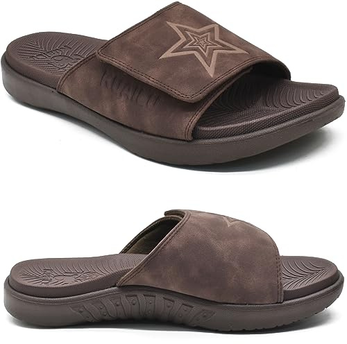 KuaiLu Mens Slides Soft Cushion Sport Sandals with Plantar Fasciitis Arch Support Adjustable Open Toe Summer Slippers Slip on Indoor Outdoor Sandalias Para Hombres, Dark Brown Size 10