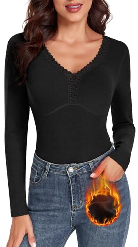 WOWENY Camiseta térmica para Mujer Manga Larga con Encaje Cuello en V Forro Polar Tops Elegantes Camiseta Interior cálida para Invierno