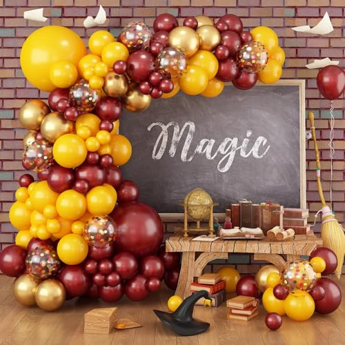 Magic Wizard School Party Decorations, Burgundy Yellow Gold Confetti Harry Magic Fall Balloon Garland Kit, Dark Wine Red Maroon Yellow Potter Balloon Arch for Kid Autumn Birthday Theme Party Supplies