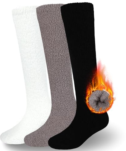 Fadcaer 3 Paires Chaussettes Hautes Femme Corail Polaire Chaud Doux Au-dessus du Genou Haute (FR/ES, Alpha/lettres, Taille unique, Taille normale, Taille normale, Couleur foncée)