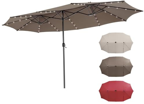 RELAX4LIFE Ombrellone Doppio da Giardino 4,5x 2,6m con Luci LED, Ombrellone Grande con Base, Apertura Manovella, Tetti Ventilati, per Patio, Cortile, Ristorante (Caffè-Luci, 4,5 x 2,6 M)