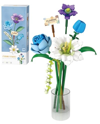 MEIEST Flower Bouquet Building Blocks Set,Mini Bricks Plant Botanical Collection Construction Building Toy,Creative DIY Artificial Flowers Home Decoration (Blue)