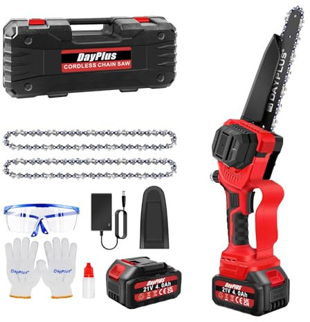 Motosierra sin escobillas con batería con 2 baterías de 4,0 Ah y cargador, motosierra de mano de 8 pulgadas, motosierra de 21 V, batería para cortar madera, corte de árbol, 2 cadenas, longitud de