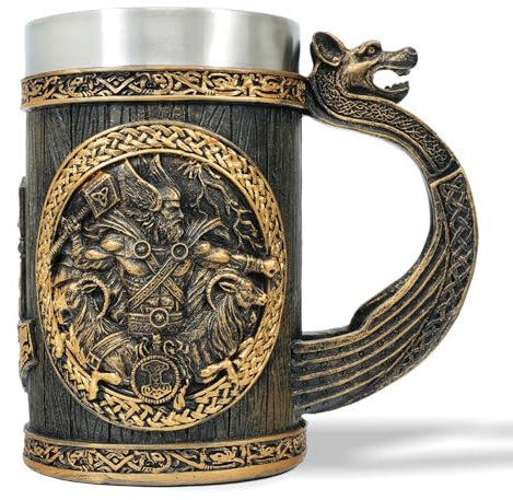 AtSKnSK Chope à bière viking en acier inoxydable avec une anse mythologie nordique marteau de Thor arbre de vie café chope à bière valhalla cadeau viking pour hommes et femmes (marteau de Thor)