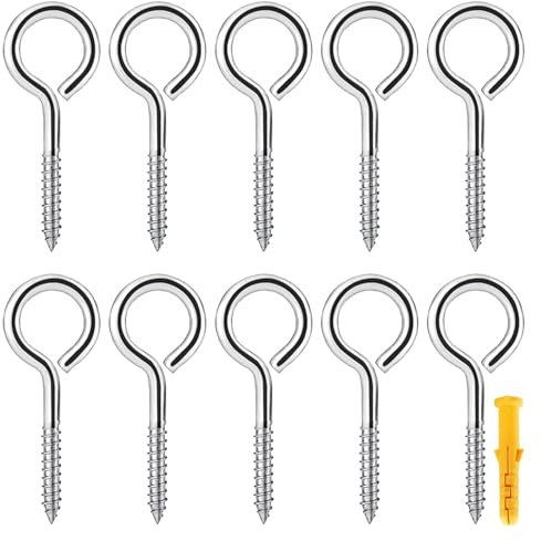 Rhimooay Viti ad occhiello in acciaio inox 304, 10 pezzi, viti ad anello, robuste antiruggine, occhielli a vite, vite ad anello, gancio per gancio a vite, gancio per fissare una corda per bucato,