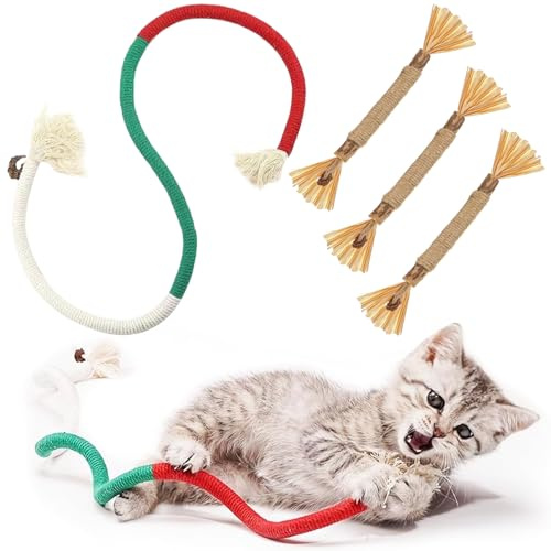 CATOR 4 pcs set Jouet Chat, Jouet de Dentition Chaton, 60 cm Jouet Chat Corde, jeu chat, Jouet pour Chat Interactif, ﻿Jouets de Soins Dentaires pour Chats, pour Interagir Et Nettoyer Les Dents