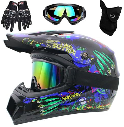 Motorradhelm, DOT-Zertifizierter Integralhelm für Dirtbikes, für Kinder, Jugendliche und Erwachsene, Motocross-Helm Mit Maske, Schutzbrille und Handschuhen(Blue Claw,M(54-55cm))