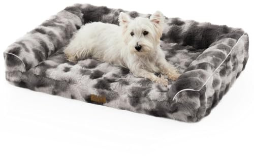 Faux Fur Orthopedic Dog Bed, Dog Bed for Large Size, Supportive Foam Pet Sofa with Waterproof Lining Cover, Washable U-Shaped Pet Couch with Anti-Slip Bottom, Tie-dye Grey L 36x27x6.5 inch