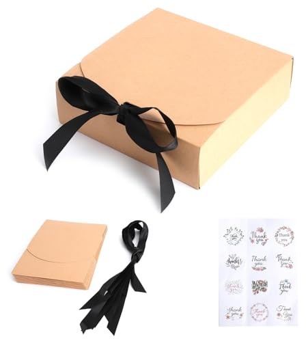 Coffret Regalo con Coperchio en Cartone Kraft + 12 Autocollanti Thank You - 10 Cajas Regalo para Cumpleaños, Navidad, Boda - Embalaje Regalo Ecológico y Personalizable
