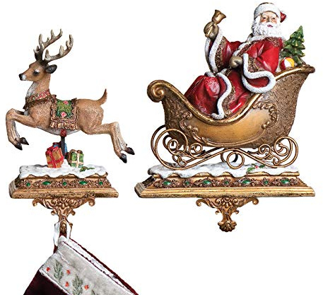 Joseph's Studio by Roman - Set of 2 Santa with a Reindeer Stocking Holder, 9.25 H, Resin and Stone, Christmas Decoration, Collection, Durable, Long Lasting