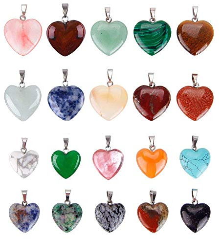 SYWAN 20Pcs Heart Shaped Stone Pendants Charms Crystal Chakra Beads for DIY Necklace Making, 2 Sizes, Assorted Color