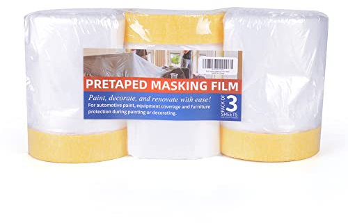 TAPEBEAR Abdeckfolie Mit Klebeband 3 Rollen, Transparent malerabdeckfolie, Selbstklebende Malerband Mit Abdeckfolie Zum Schutz Von MöBeln, Staubschutz, 550mm x 27m