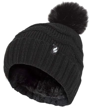 HEAT HOLDERS Dam vinter päls mössa hatt sicksack mönstrad pom pom mössa | Dam termisk manschett tofs hatt, Svart, en storlek