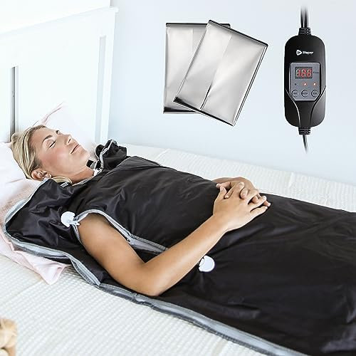 Lifepro BioRemedy Infrared Sauna Blanket, 91 × 193 cm Portable Home Sauna for Deep Heat Therapy, Detoxification & Relaxation, Includes 3×Thermal Wraps, Adjustable 30–70°C, Open-Head Design, Arm Zips